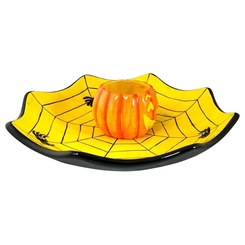Dennis East Halloween Jack-o-Lantern Spiderweb Candy Dish‎ Chip & Dip Bowl 2005